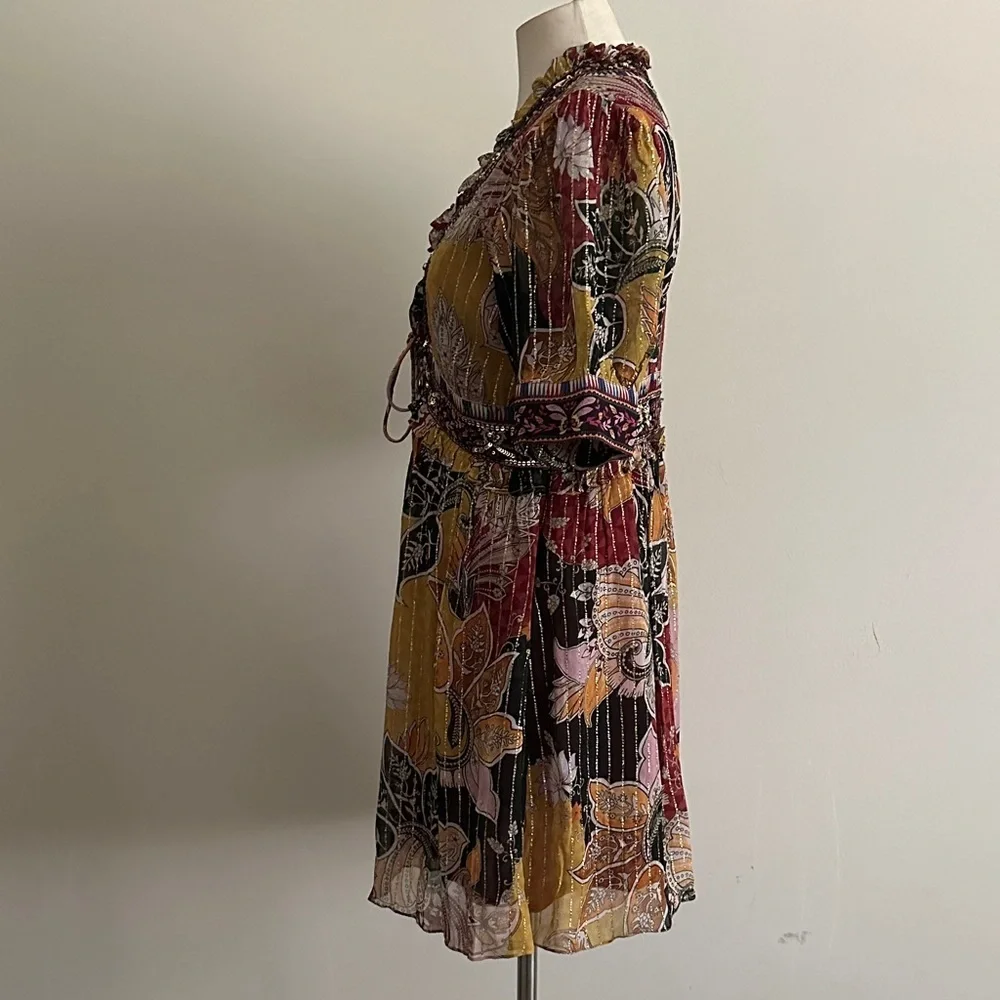 ANTHROPOLOGIE Beaded Sequin Shimmer Mini Dress Bohemian sz Medium - Picture 6 of 9